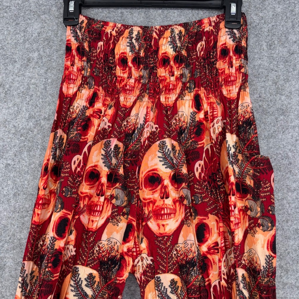 Harem Pants Red Orange Skull Print Smocked Waist Rayon Joggers Womens Boho
